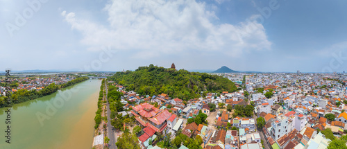 Aerial view of Nhan temple, tower is an artistic architectural work of Champa people in Tuy Hoa city, Phu Yen province, Vietnam. Sunset view photo