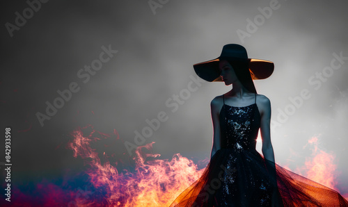 Wallpaper Mural Fashion Model in Dramatic Black Gown and Wide-Brim Hat on Runway with Fiery Backdrop at Night - High Fashion, Catwalk Event Photographed During Fashion Week Reflecting Elegance and Style Torontodigital.ca