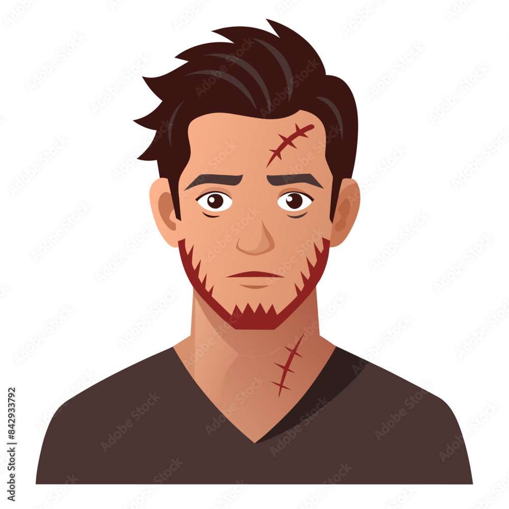 The man has a beard and scars on various parts of his face The man has a beard and scars on various parts of his face