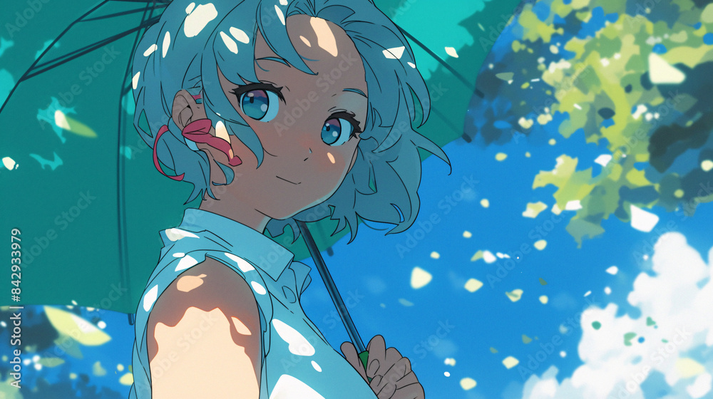 Adorable anime or manga girl with short hair holding an umbrella under a cloudy summer sky, exuding a charming vibe Adorable anime or manga girl with short hair holding an umbrella under a cloudy summer sky, exuding a charming vibe