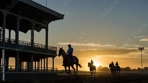 Early morning at Belmont Park with trainers and horses, capturing the serene atmosphere of dawn as the equestrian team prepares for another day of training and racing at the renowned racecourse. 