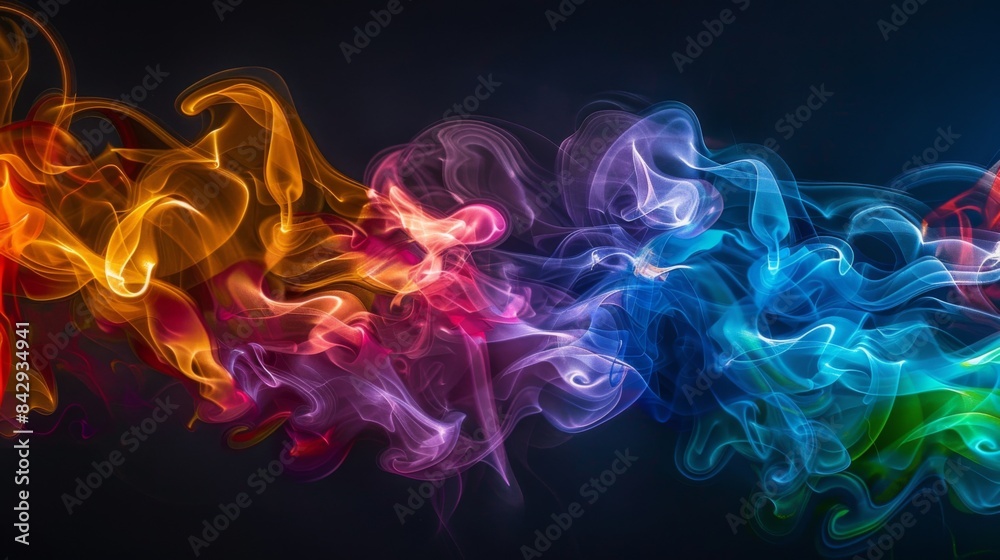 Fototapeta premium Abstract pattern of colorful cigarette smoke captured against a black background, resembling art in motion