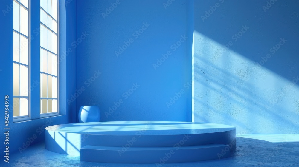 Interior corner wall room blue 3d background of abstract window light stage scene or empty product studio showroom display and blank presentation podium pedestal platform perspective table backdrop Interior corner wall room blue 3d background of abstract window light stage scene or empty product studio showroom display and blank presentation podium pedestal platform perspective table backdrop