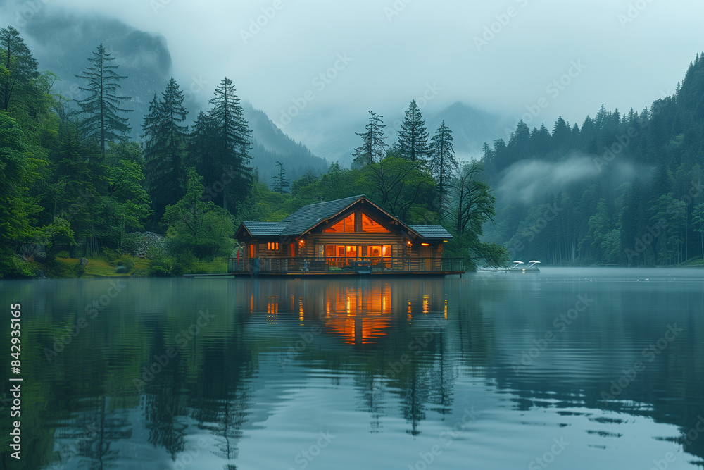 Fototapeta premium idyllic lakeside cabin surrounded by forest, misty morning, peaceful and tranquil setting