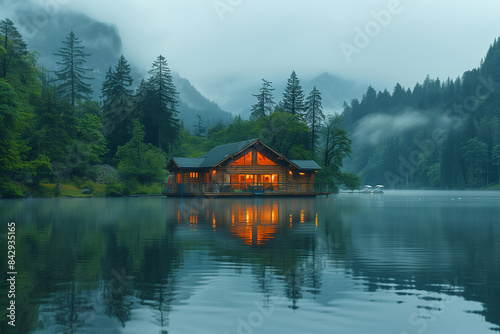 idyllic lakeside cabin surrounded by forest, misty morning, peaceful and tranquil setting