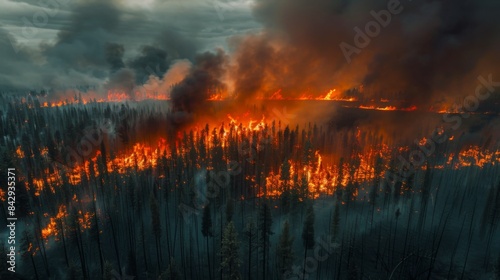 Aerial view of a vast expanse of forest consumed by flames, illustrating the scale of the wildfire © Plaifah