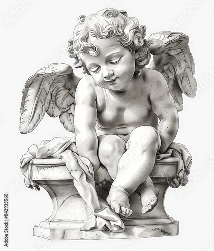 The image features a sharp focus on the intricate details of the cherub's features.