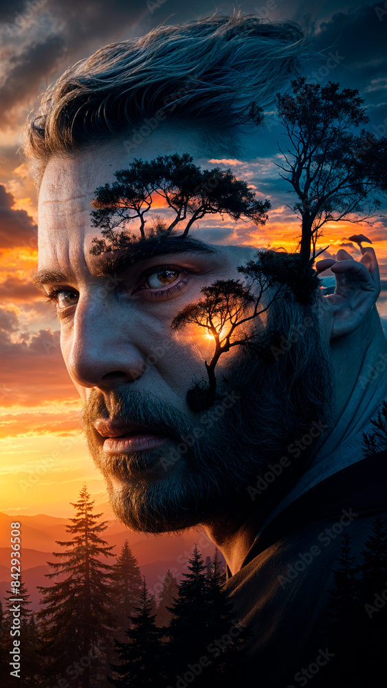 Double Exposure of a Man and Sunset Trees Double Exposure of a Man and Sunset Trees