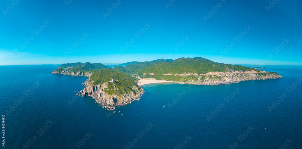 Fototapeta premium Aerial of Dai Lanh Lighthouse, Phu Yen province. This place is considered the first place to receive sunshine on the mainland of Vietnam.