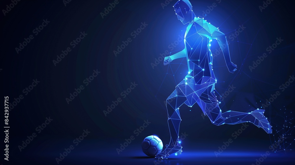 An abstract luminous silhouette of a professional Olympic soccer player playing soccer on a black background, line art An abstract luminous silhouette of a professional Olympic soccer player playing soccer on a black background, line art