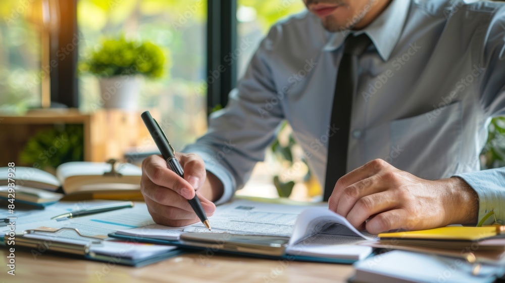 Businessman writing in a financial planner, focusing on budgeting and expense tracking Businessman writing in a financial planner, focusing on budgeting and expense tracking