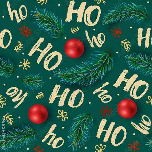 Laughing Santa Claus. Textures for Christmas design. Vector green background with words ho and red Christmas balls.