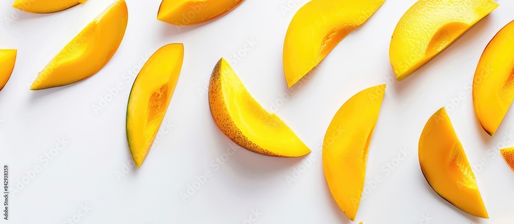 Top view of sliced mango fruit on white background Top view of sliced mango fruit on white background