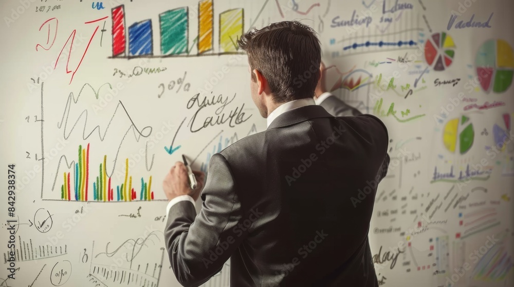 Businessman writing on a whiteboard with a flow chart and bar graph, planning a strategy Businessman writing on a whiteboard with a flow chart and bar graph, planning a strategy