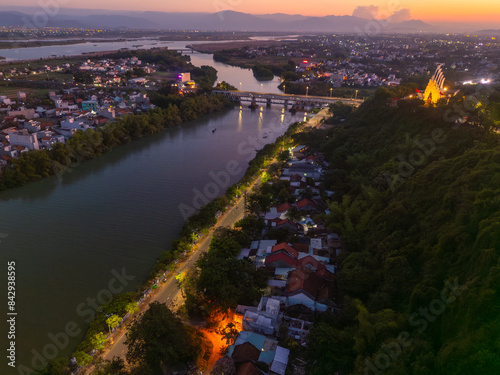 Aerial view of Nhan temple, tower is an artistic architectural work of Champa people in Tuy Hoa city, Phu Yen province, Vietnam. Sunset view photo