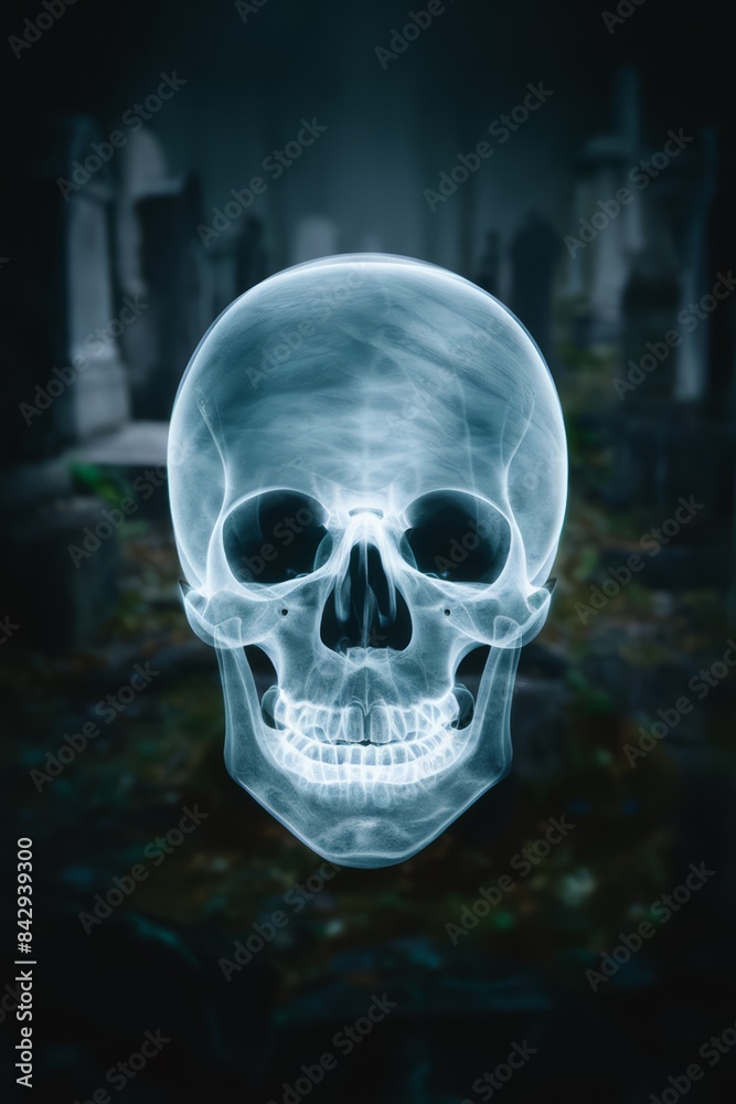 A skull is shown in a dark background with some tombstones, AI A skull is shown in a dark background with some tombstones, AI