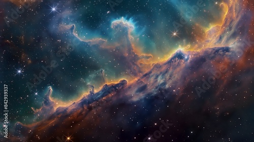 2. Against the backdrop of a starry night cosmos, a vibrant galaxy cloud nebula stretches across the universe, its kaleidoscopic hues and swirling patterns evoking a sense of awe and wonder at the