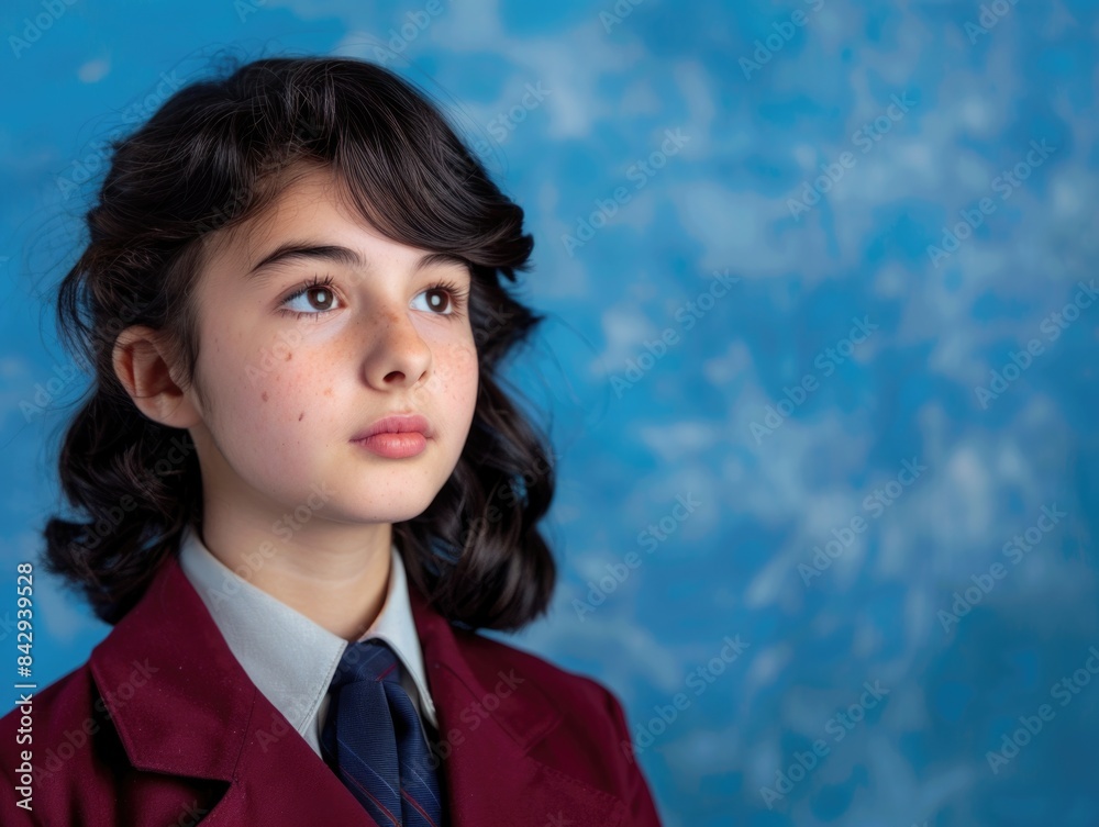 Thoughtful Schoolgirl in Uniform Against Blue Backdrop Thoughtful Schoolgirl in Uniform Against Blue Backdrop