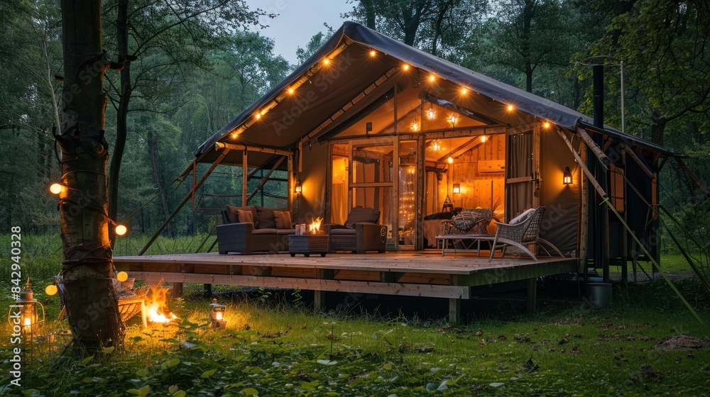 Fototapeta premium A large white tent with a bed inside and a rug outside. The tent is surrounded by trees and grass