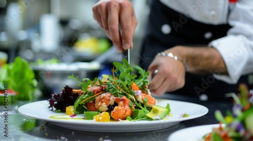 Wallpaper Mural Chef plating up a colorful lobster salad with mixed greens, avocado, and citrus dressing Torontodigital.ca
