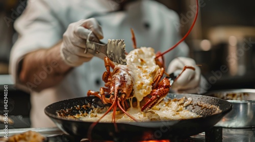 Chef preparing a classic lobster thermidor dish with a creamy sauce and gratinated cheese topping photo