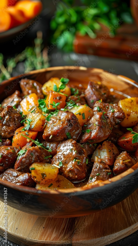 Hearty Beef Stew with Vegetables. Rich and savory beef stew with carrots and potatoes, garnished with fresh herbs, served in a rustic wooden bowl. Hearty Beef Stew with Vegetables. Rich and savory beef stew with carrots and potatoes, garnished with fresh herbs, served in a rustic wooden bowl.