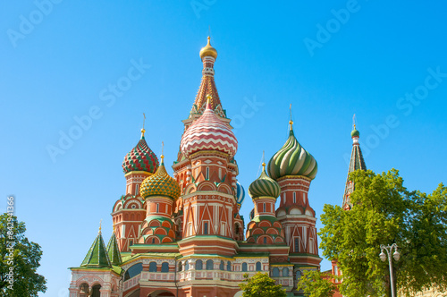 Saint Basil's Cathedral on Red Square against blue sky in summer, Moscow, Russia