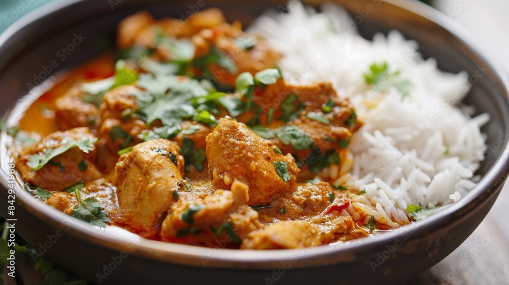 Close-up of a bowl of piping hot Indian chicken curry (murg curry) served with basmati rice