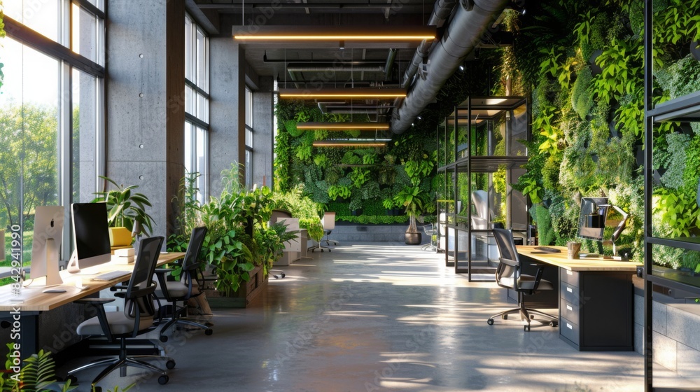 Green office with vertical gardens and natural light, showcasing a sustainable, eco-friendly design, in an urban green building. Green office with vertical gardens and natural light, showcasing a sustainable, eco-friendly design, in an urban green building.