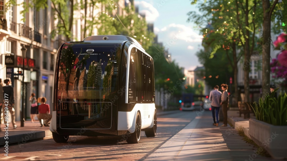 Fototapeta premium Highlighting an autonomous shuttle service navigating through city streets, offering convenient and sustainable mobility.