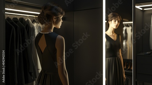 Elegant Woman in Black Dress Reflecting in Mirror with Modern Closet Lighting photo