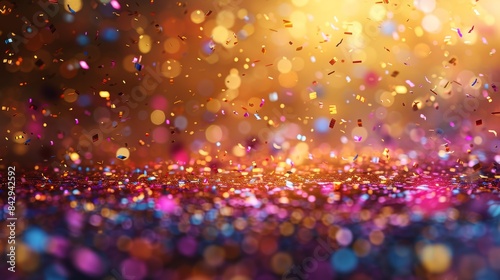 This image portrays a joyous celebration ambiance with golden and blue confetti overlaying a bokeh background © svastix