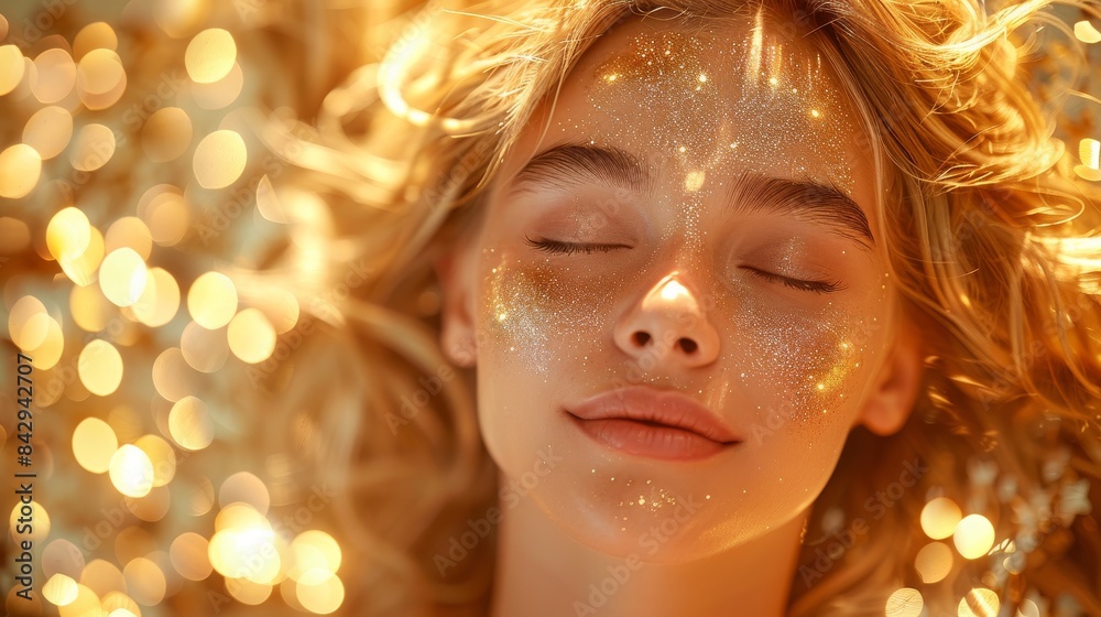 A woman with glitter on her face is serene against a backdrop of golden bokeh lights A woman with glitter on her face is serene against a backdrop of golden bokeh lights