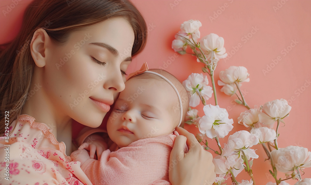 Smiling mother hugging newborn child. Lifestyle image of mom and baby with copy space. World Breastfeeding Week. Perfect for presentations, social medis, news, blogs. Smiling mother hugging newborn child. Lifestyle image of mom and baby with copy space. World Breastfeeding Week. Perfect for presentations, social medis, news, blogs.