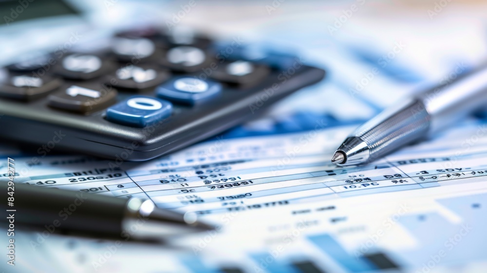 Close-up of a calculator, pen, and financial documents on a desk, representing accounting and budgeting Close-up of a calculator, pen, and financial documents on a desk, representing accounting and budgeting