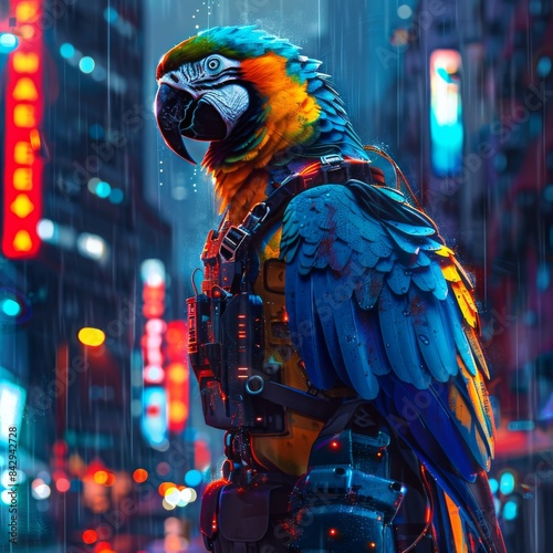 A parrot wearing a military vest stands in the rain in a city.