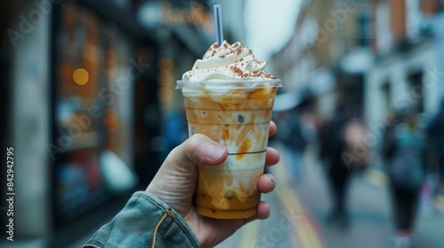 environment of streets and buildings, a plastic glass of coffee smoothie with a dollop of white whipped cream is held in hand, offering a refreshing treat amidst the urban hustle.
