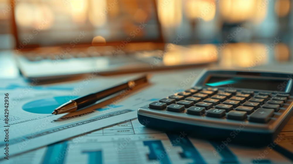 Close-up of a calculator, pen, and financial documents on a desk, representing accounting and budgeting Close-up of a calculator, pen, and financial documents on a desk, representing accounting and budgeting