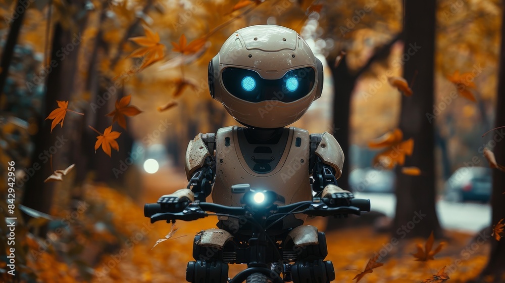 A stylized robot figure riding a small bike with glowing eyes among fallen leaves and a blurred autumn background A stylized robot figure riding a small bike with glowing eyes among fallen leaves and a blurred autumn background