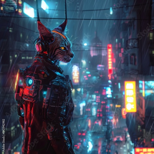 A cyberpunk cat warrior stands in the rain on a rooftop in a futuristic city.
