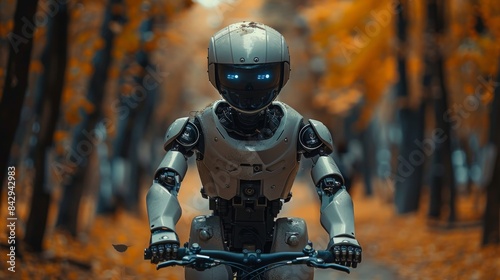 Detailed view of a humanoid robot s face and upper body with expressive blue eyes against an autumnal blurred background