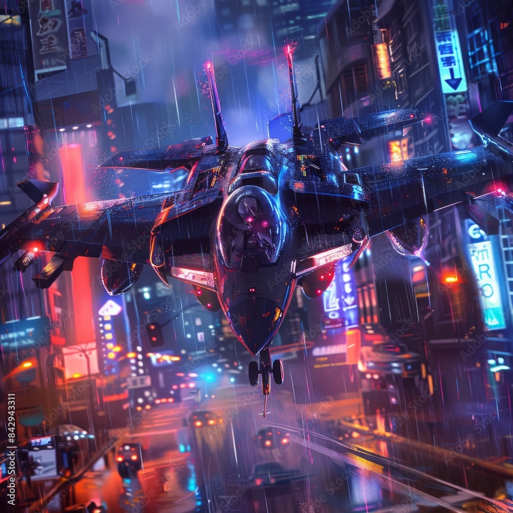 The dark sleek fighter jet flies low over the busy city street. The dark sleek fighter jet flies low over the busy city street.