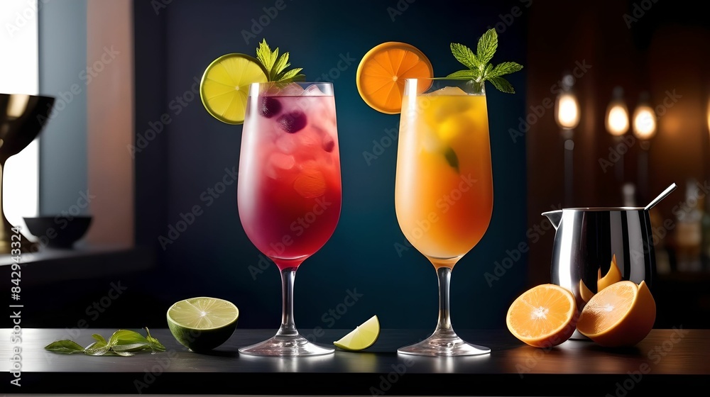 Colored alcoholic cocktails with fruits on a dark background