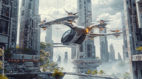 Offering a futuristic glimpse with a vertical takeoff aircraft lifting off from a helipad in an urban environment. --ar 16:9 --style raw Job ID: 6f372e4c-f2a9-40c7-a9f7-94cec6b45e0d photo
