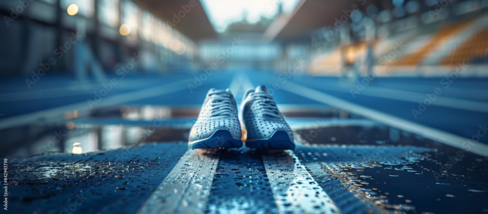 Obraz premium Pair of running shoes on wet track at an outdoor stadium in the evening