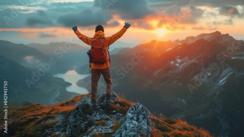 A lone adventurer stands victorious on a mountain summit, basking in the warm glow of the setting sun