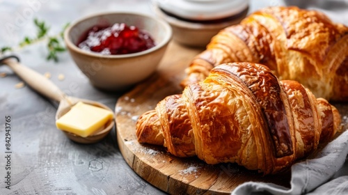 Close-up of a classic French croissant served with butter and fruit preserves for breakfast