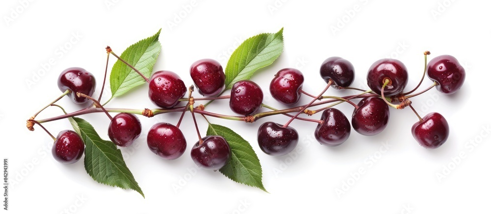 Fresh cherries with stems and leaves, Cherry displayed on a white background with clipping path, array of berries Fresh cherries with stems and leaves, Cherry displayed on a white background with clipping path, array of berries
