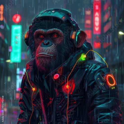 A monkey wearing a black leather jacket and headphones is standing in the rain. The background is a blurred city street with neon lights.
