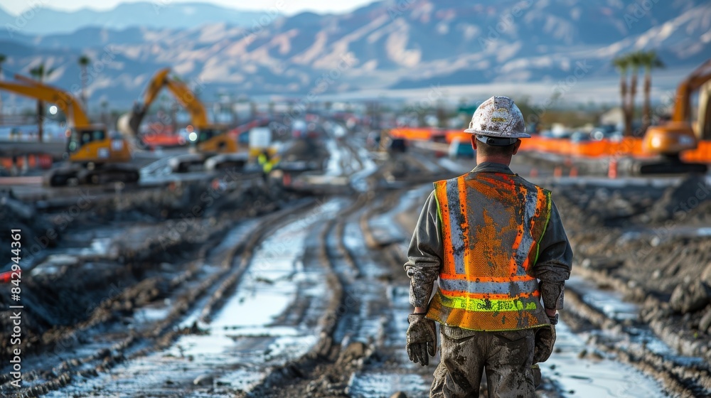 Worker in reflective vest standing at muddy construction site with heavy machinery Worker in reflective vest standing at muddy construction site with heavy machinery